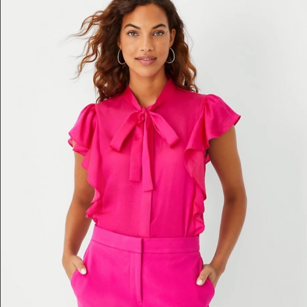 NWT Ann Taylor pink ruffle tie neck blouse size large